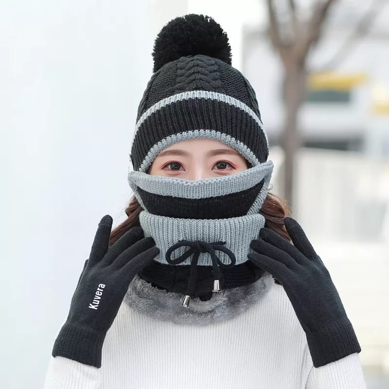 Women Winter Warm Cap Beanie with Neck Scarf and Woolen Mask