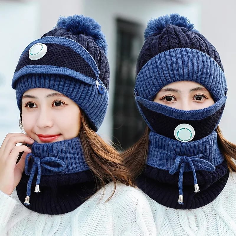 Women Winter Warm Cap Beanie with Neck Scarf and Woolen Mask