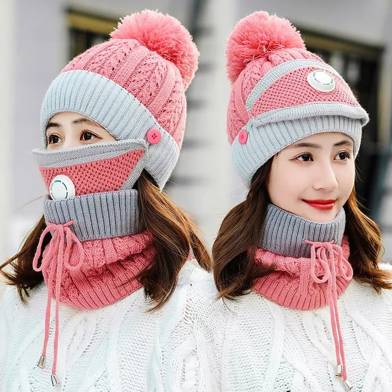 Women Winter Warm Cap Beanie with Neck Scarf and Woolen Mask